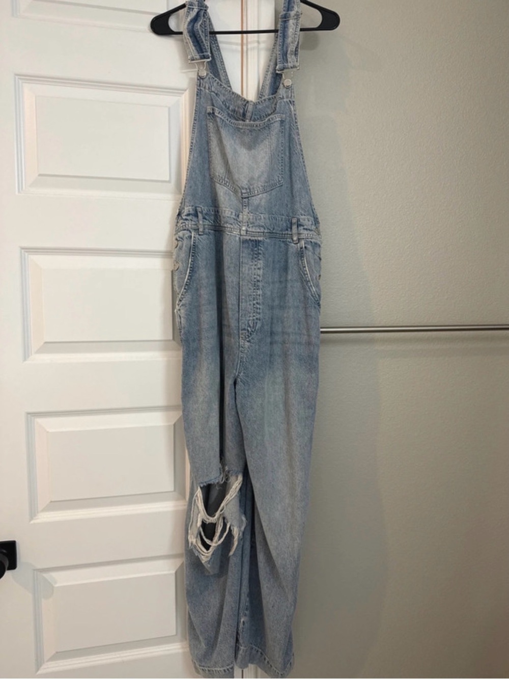 We The Free Light Wash Denim Overalls with Distressed Knee